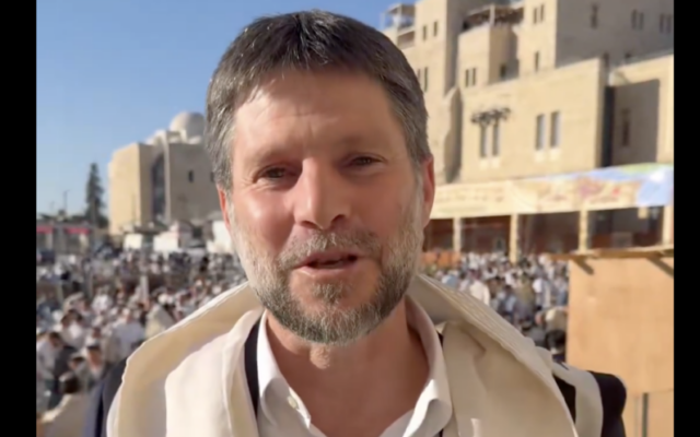 Finance Minister Bezalel Smotrich posts a video celebrating the release of hostages at the Western Wall on October 13, 2025. (Screenshot)